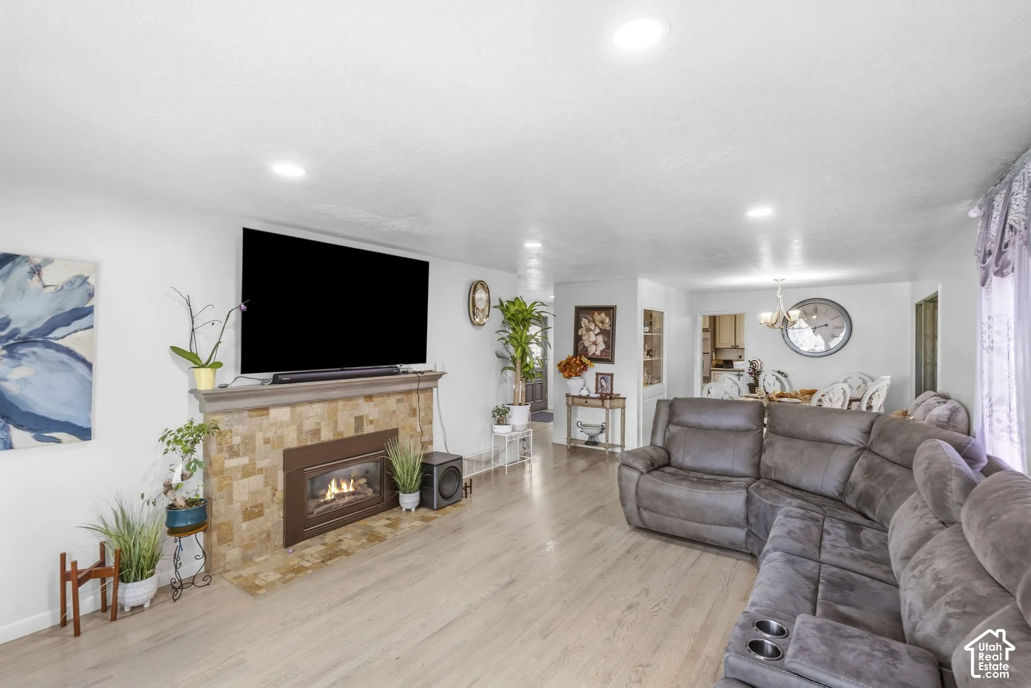 Living area featuring wood-finish flooring, a stone-clad fireplace with a hearth