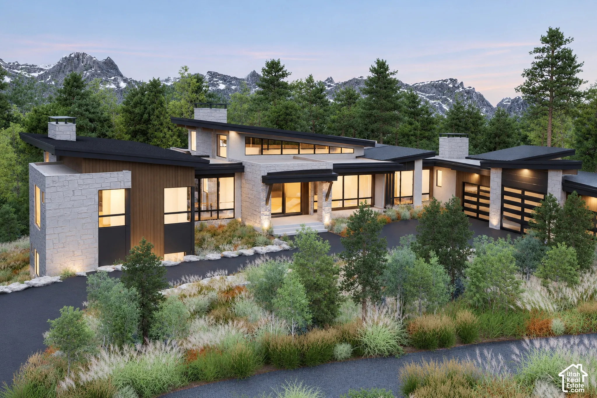 Modern architectural design featuring expansive windows, stone veneer accents, multiple garage doors, a sloped roofline, and established landscaping