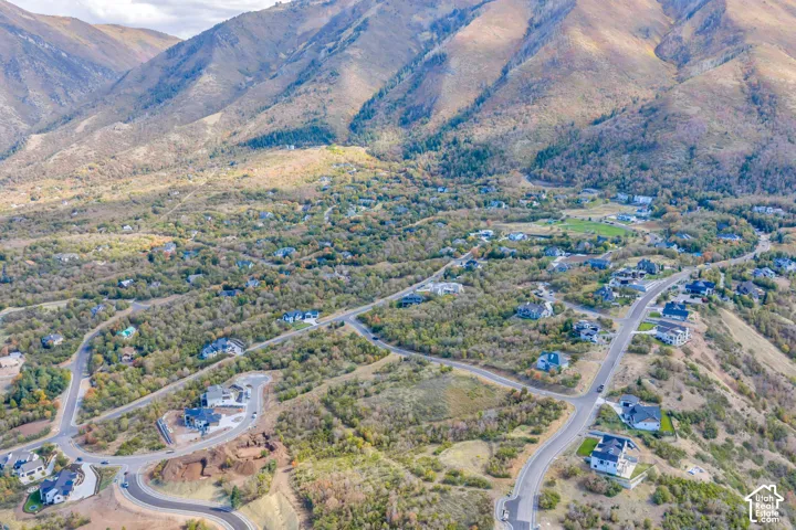 Mountainous landscape surrounding a residential area with varied housing styles and paved roads