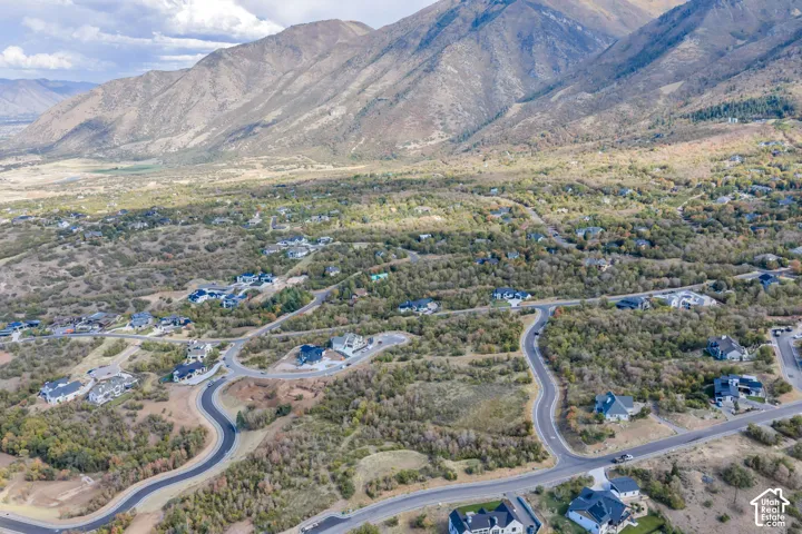 Mountainous terrain with natural vegetation, residential properties, and paved roadways