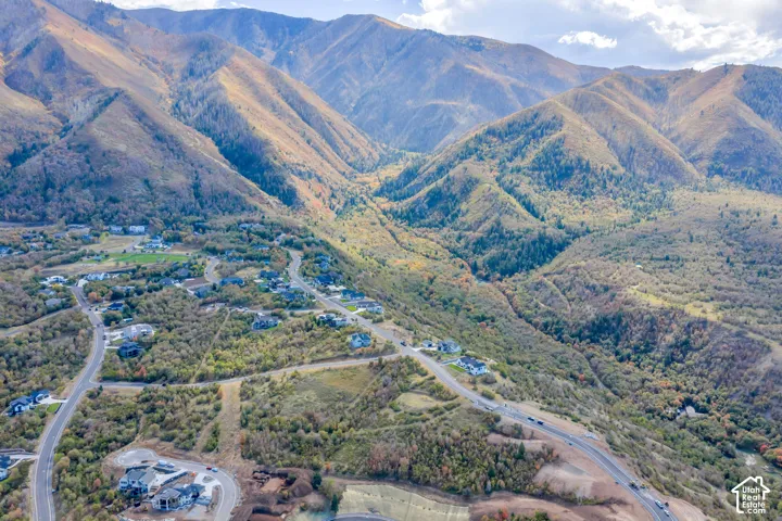Mountainous terrain with natural vegetation, residential development featuring paved roads, and a clear sky backdrop
