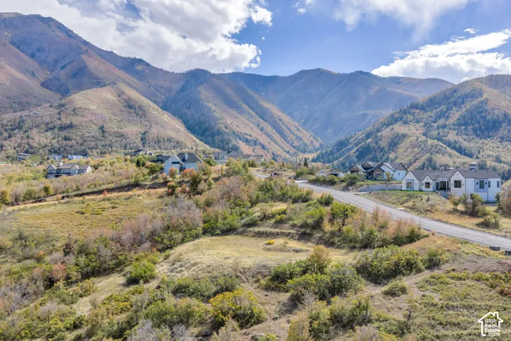 Mountainous terrain, residential properties, paved roadway, natural landscaping, and partial cloud coverage
