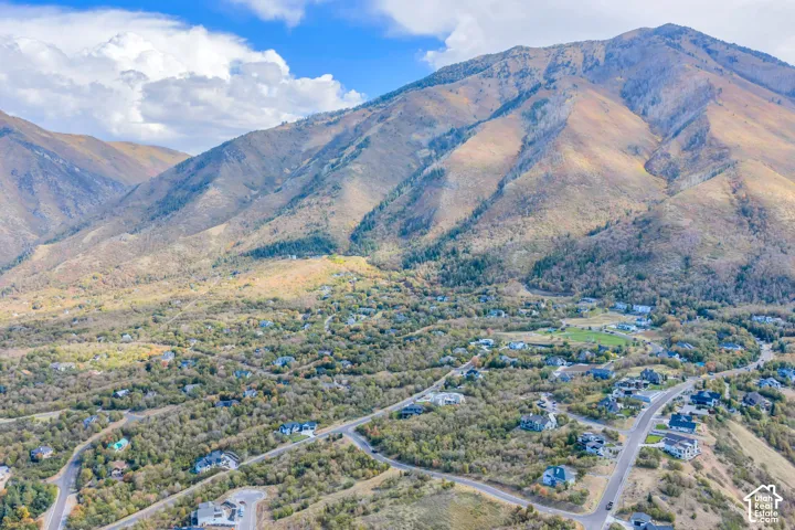 Expansive mountain landscape with diverse foliage and scattered residential properties