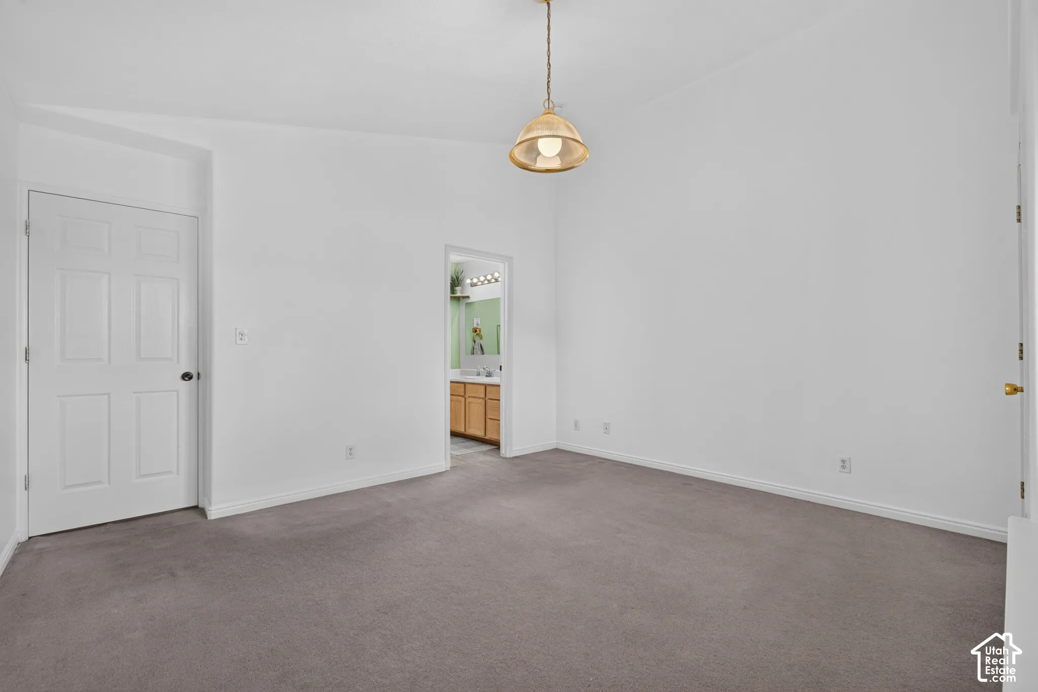 Spacious room featuring neutral carpeting, white painted walls, a six-panel interior door, and an overhead pendant light fixture