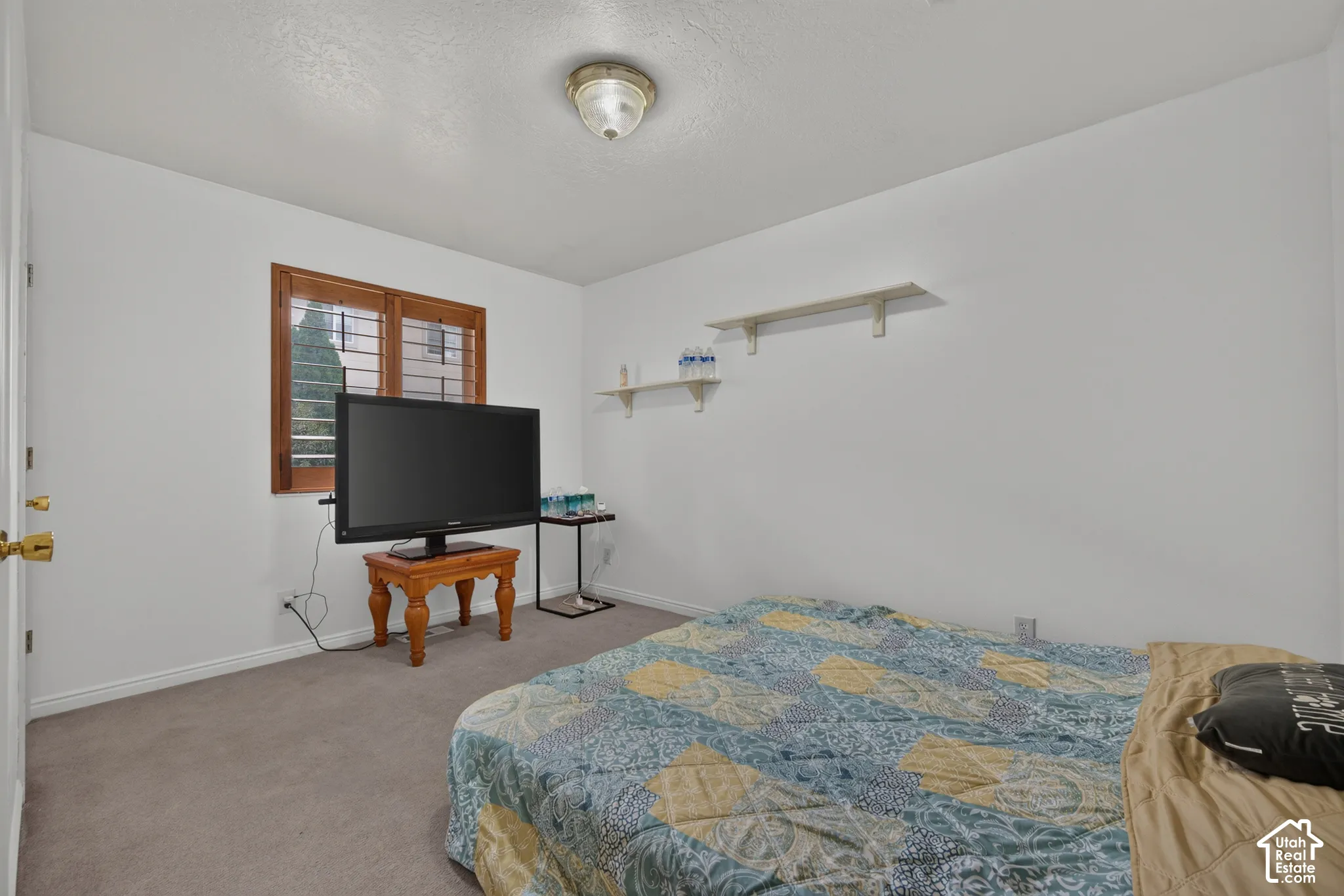 Neutral wall finishes, recessed window with wood-finish blinds, carpet flooring, and an overhead flush-mount light fixture