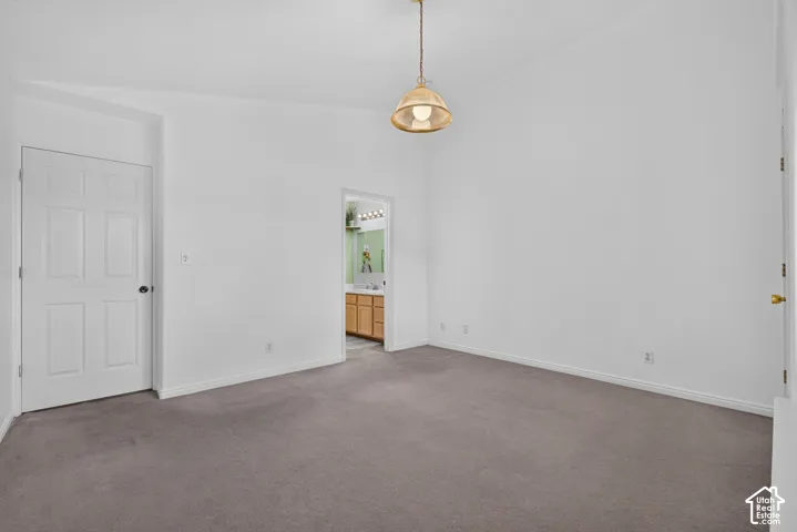 Spacious room featuring neutral carpeting, white painted walls, a six-panel interior door, and an overhead pendant light fixture