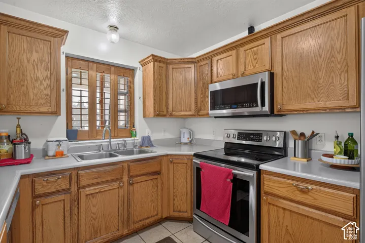 Wood-finish cabinetry, stainless steel appliances, dual basin sink, and a built-in microwave