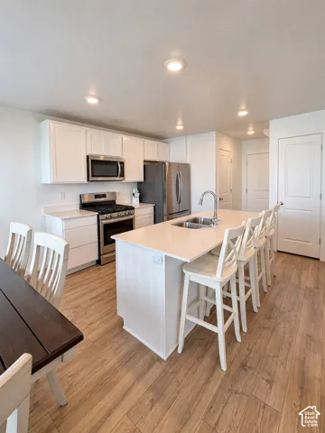 Modern kitchen featuring stainless steel appliances, white cabinetry, a large center island with integrated double sink, recessed lighting, and wood-finish flooring