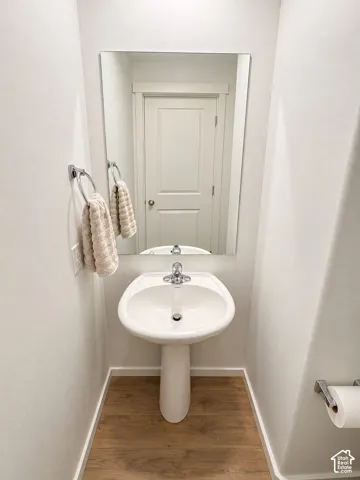 Pedestal sink with a chrome faucet, wood-finish flooring, and a wall-mounted mirror