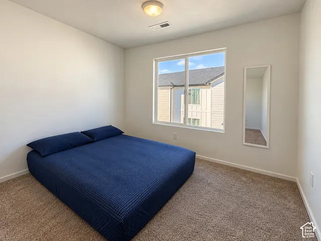 Neutral wall color, carpeted flooring, large window, and ceiling-mounted light fixture