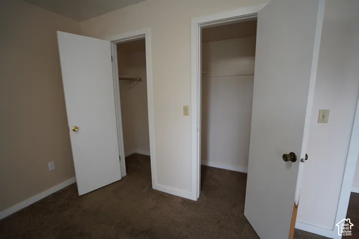 Carpeted room with two closet openings, white trim, and neutral wall paint