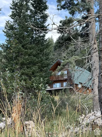 Log cabin exterior with a green metal roof, multiple balconies, and abundant surrounding trees