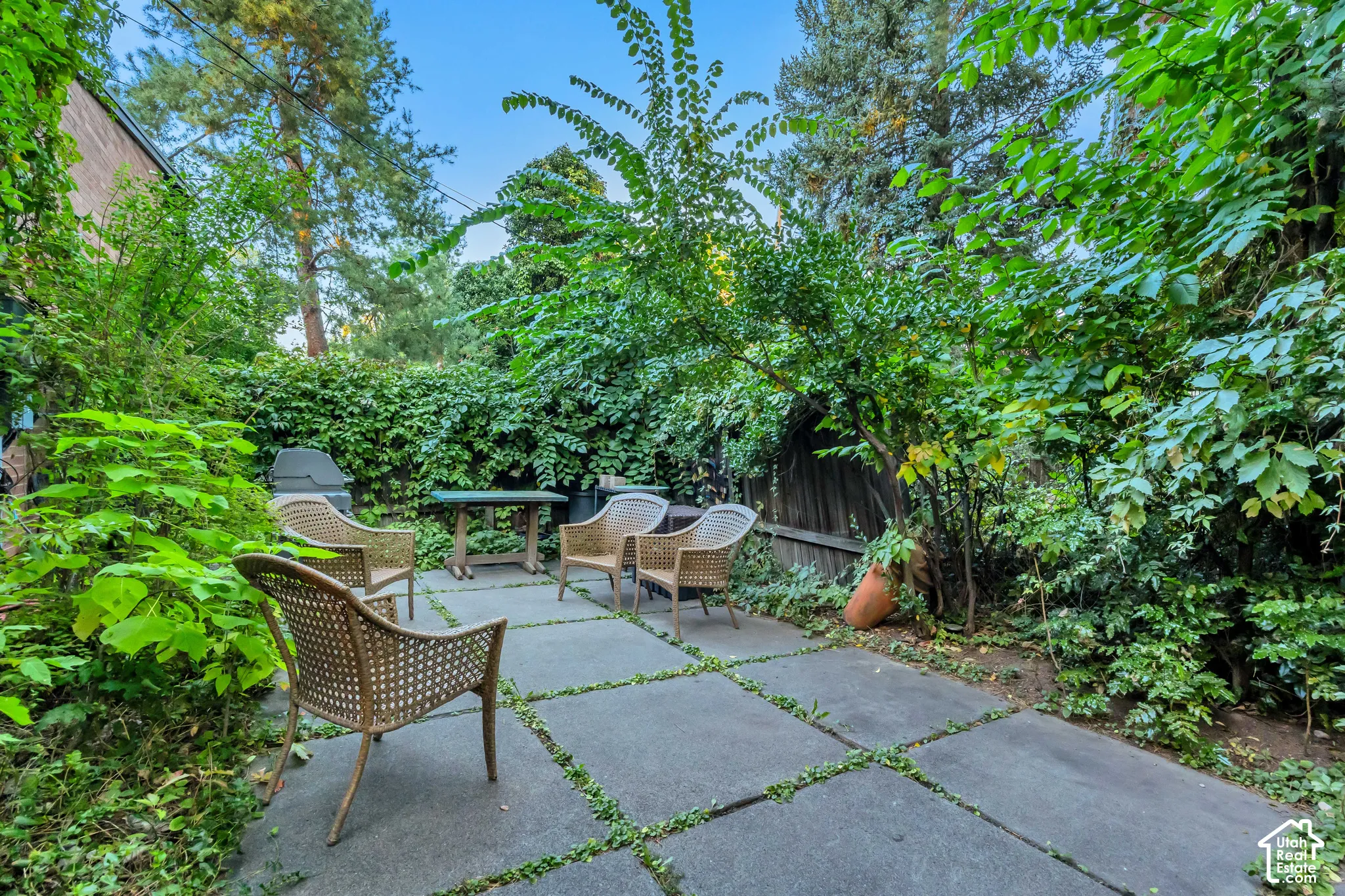 Paved patio area with integrated ground cover, surrounded by mature plantings and privacy fencing