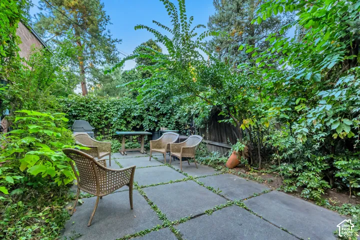 Paved patio area with integrated ground cover, surrounded by mature plantings and privacy fencing