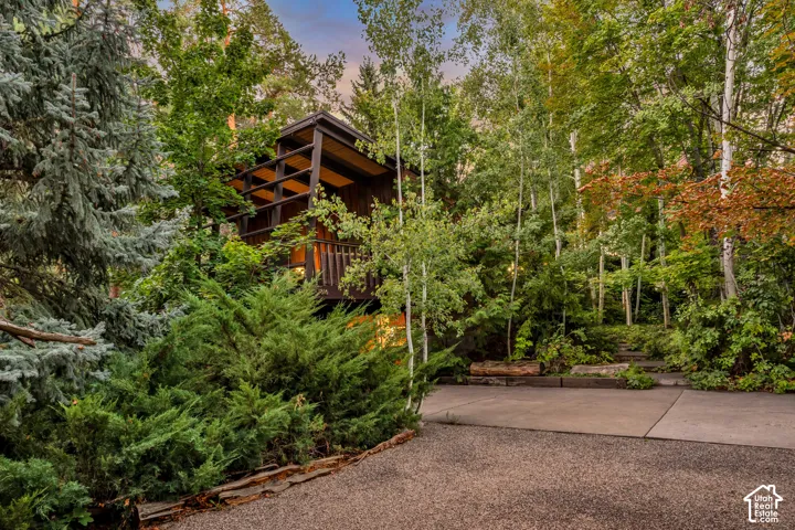 Elevated contemporary structure with wood siding