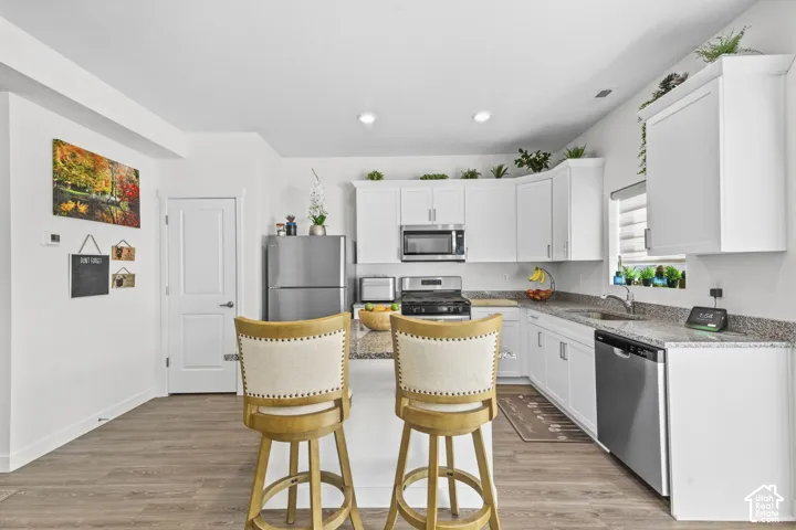 Modern kitchen featuring white cabinetry, stainless steel appliances, light-toned wood-finish flooring, and speckled countertops