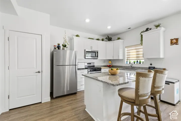 Kitchen featuring white cabinetry, granite countertops, stainless steel appliances, wood-finish flooring, and recessed lighting