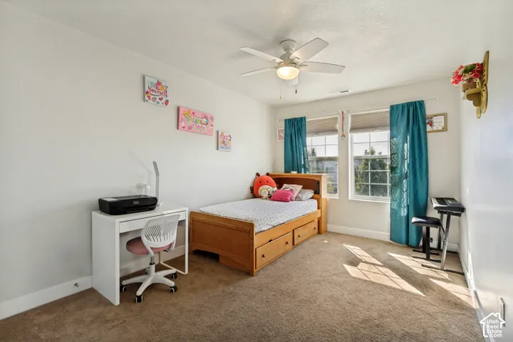 Carpeted flooring with a ceiling fan light fixture