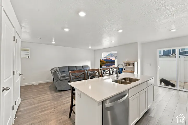 Kitchen island with an undermount double-basin sink, stainless steel dishwasher, and a light-toned countertop