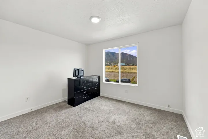 Expansive window with mountain and water backdrop, light-toned walls, and grey carpet flooring