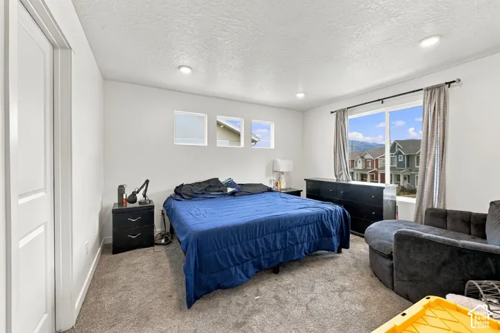 Recessed lighting, large window with expansive outdoor scenery, white walls, and neutral carpeting