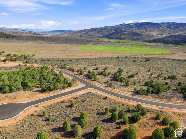 Paved roads with cul-de-sac, surrounded by natural vegetation and distant mountains