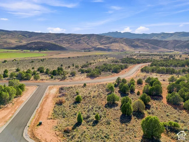 Paved road access within a naturally vegetated landscape, featuring distant mountain ranges and varied terrain