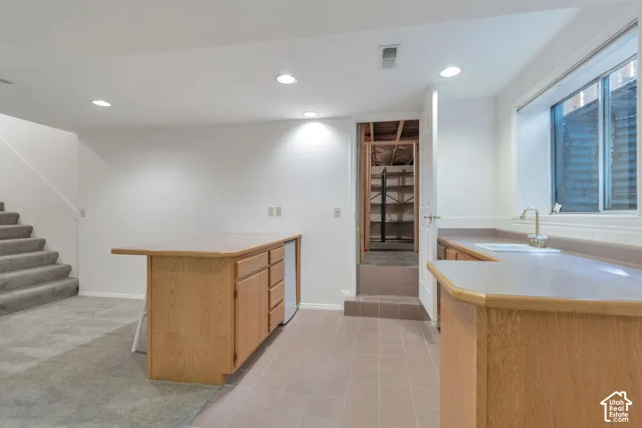 Finished basement featuring a built-in wet bar with wood cabinetry, a utility sink, and a compact refrigeration unit