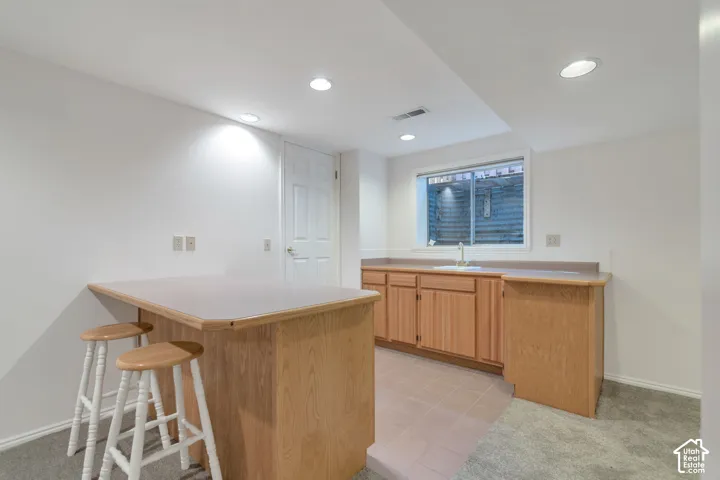 Built-in wet bar featuring wood-finish cabinetry, a sink, and a counter with an integrated seating area