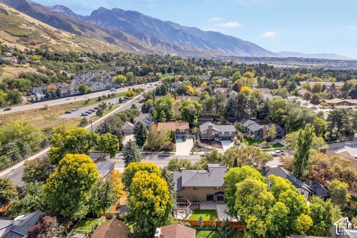 Mountain backdrop, mature trees, residential neighborhood, paved roads, and a clear sky