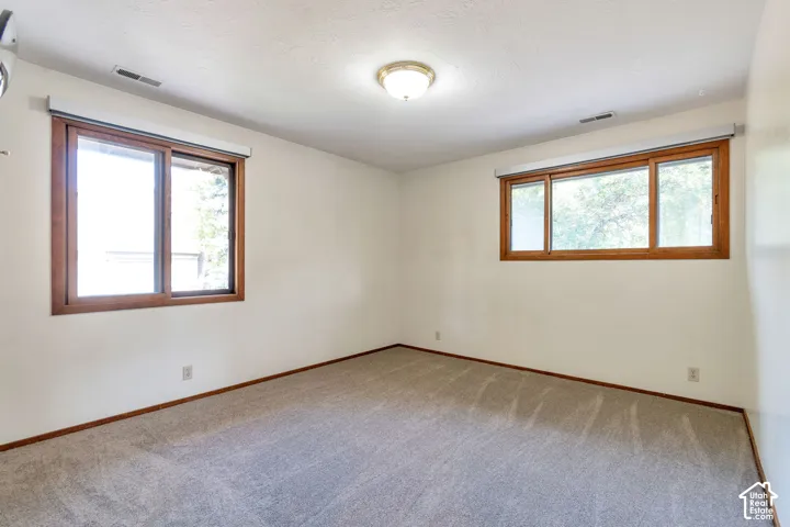 Neutral wall paint, light-colored carpeting, and wood-framed windows