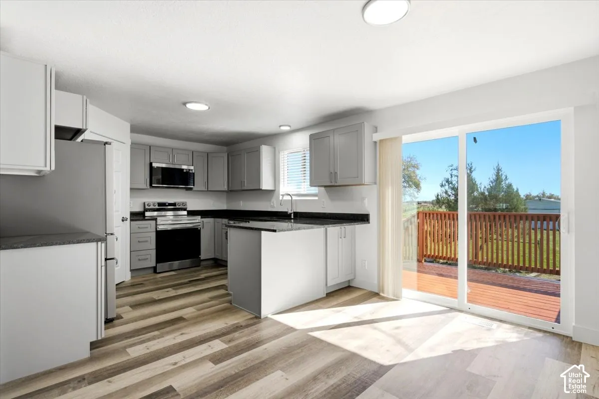 Modern kitchen featuring light gray cabinetry, dark countertops, built-in stainless steel appliances, and wood-finish flooring