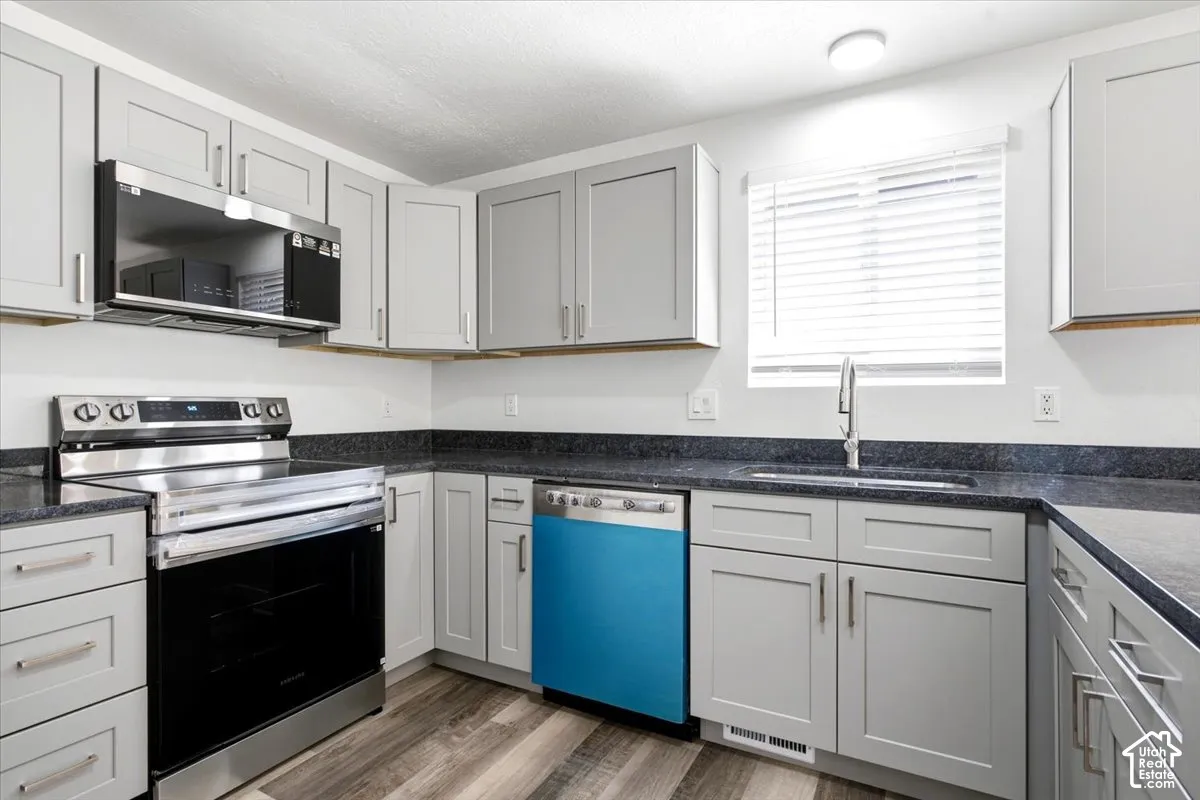 Kitchen featuring light gray cabinetry, dark countertops, stainless steel appliances, and wood-finish flooring