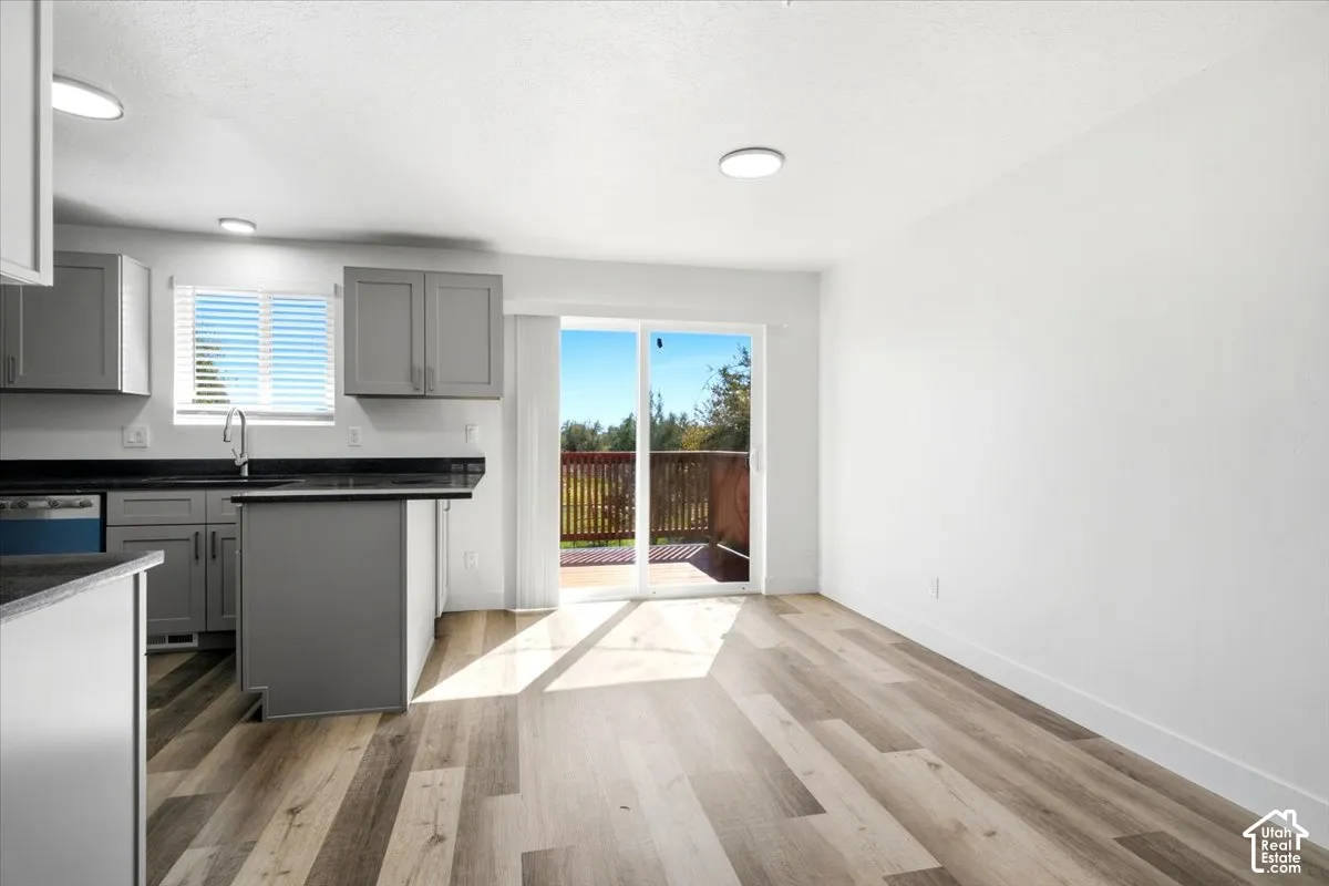 Contemporary kitchen with gray cabinetry and dark countertops