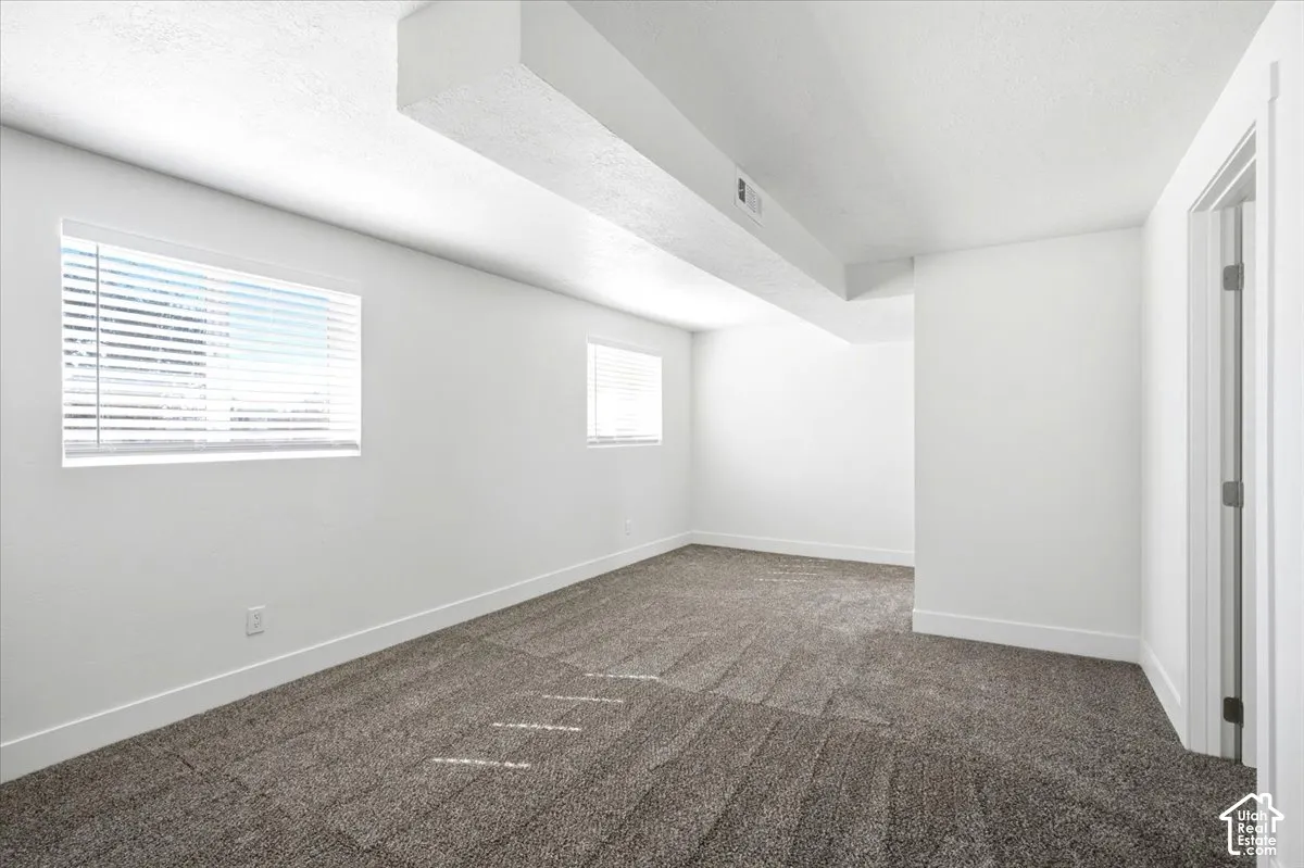Neutral wall finishes, textured carpet flooring, two windows with blinds, and white trim throughout