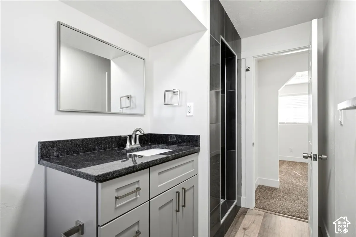Vanity with a dark stone countertop, undermount sink, and brushed nickel fixtures
