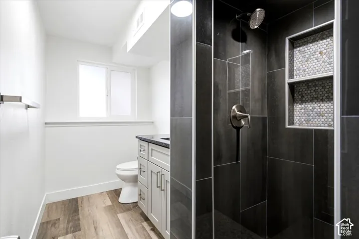Contemporary walk-in shower with dark large-format tile, brushed nickel fixtures, and mosaic-tiled recessed shelving