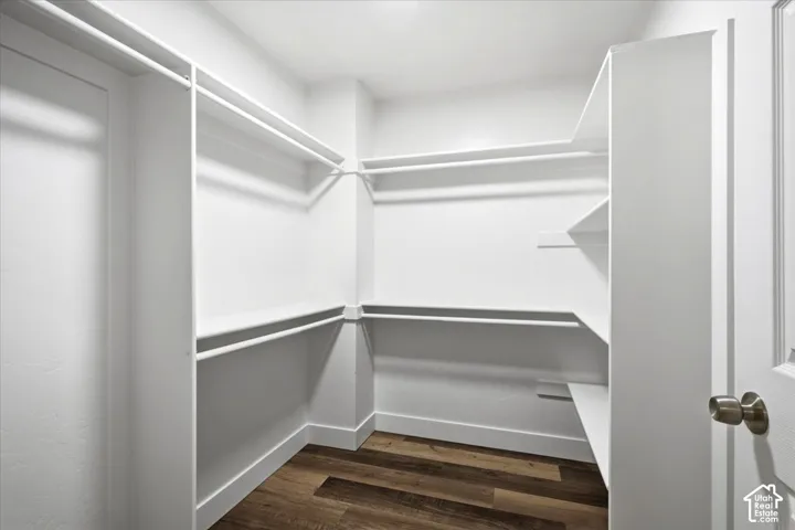 Walk-in closet with ample shelving and hanging rods, complemented by wood-finish flooring
