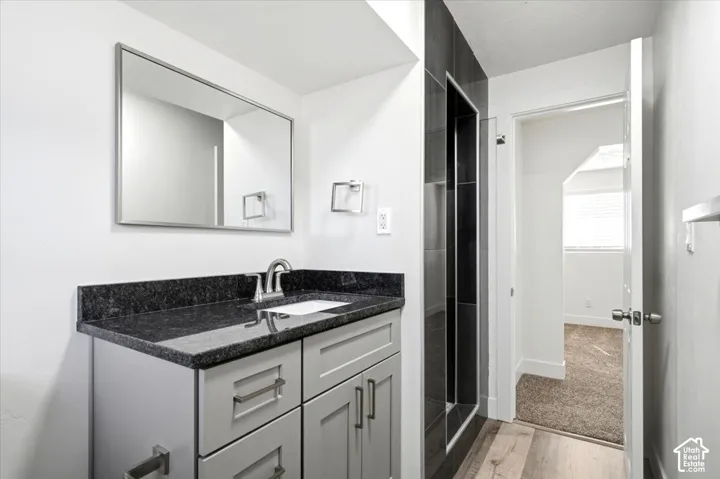 Vanity with a dark stone countertop, undermount sink, and brushed nickel fixtures