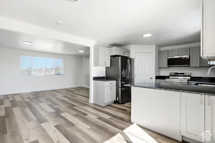 Open-concept layout featuring wood-finish flooring