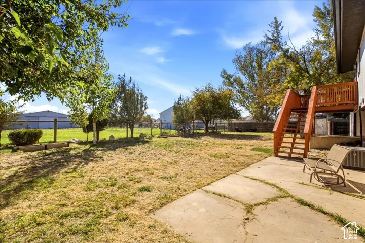 Expansive backyard featuring mature trees, a concrete patio, and a raised wood deck with staircase access