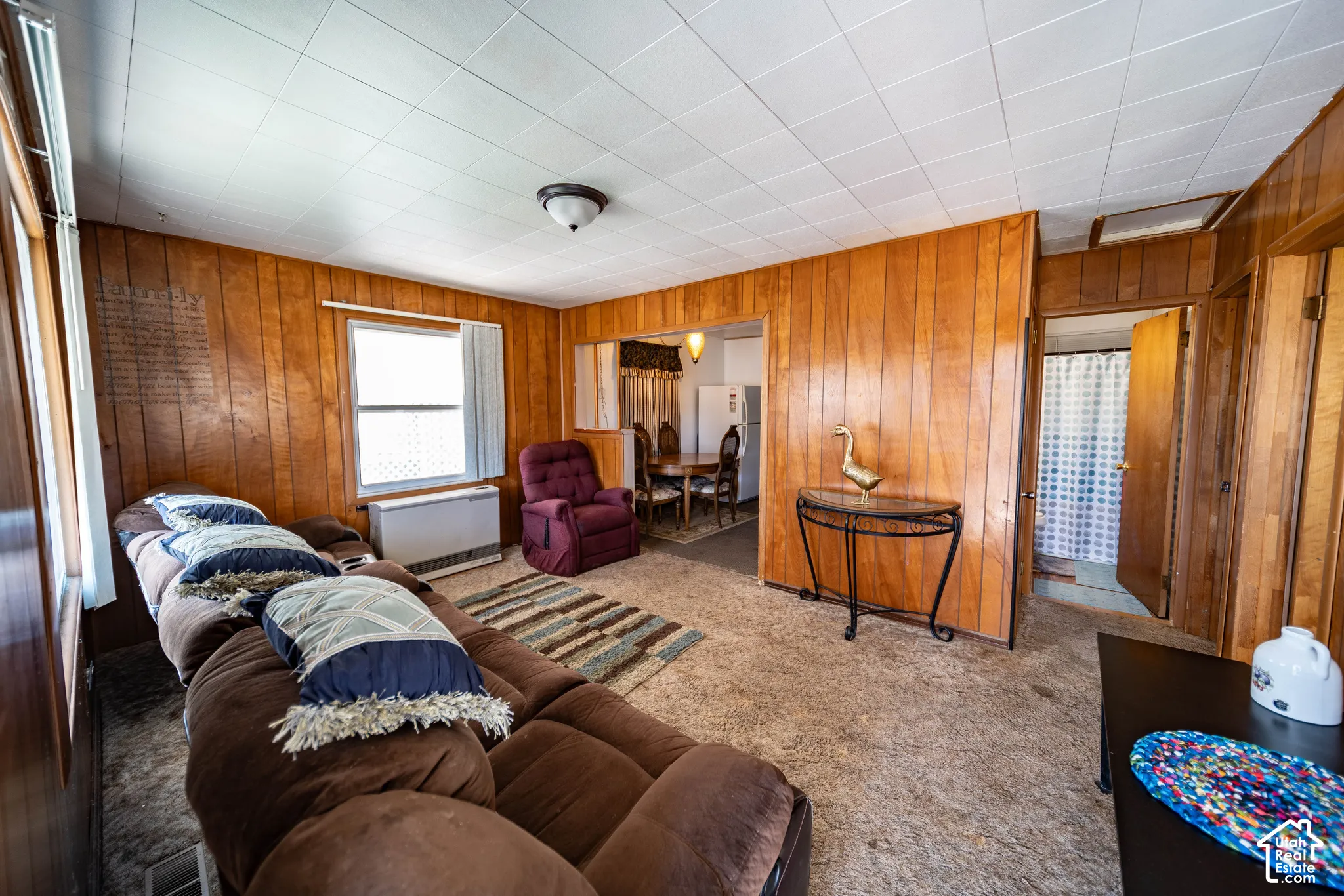 Wood paneling and textured ceiling tiles
