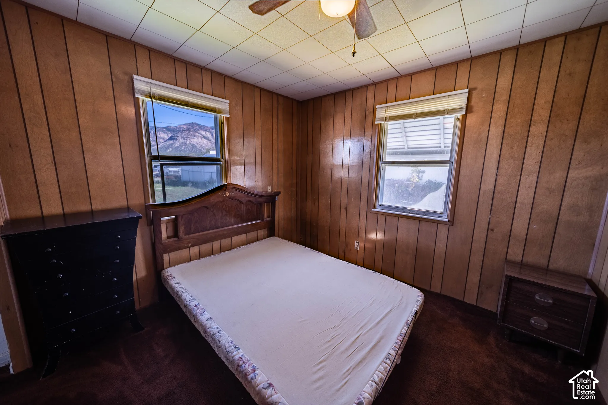 Wood-paneled walls with two windows, a ceiling fan, and carpeted flooring