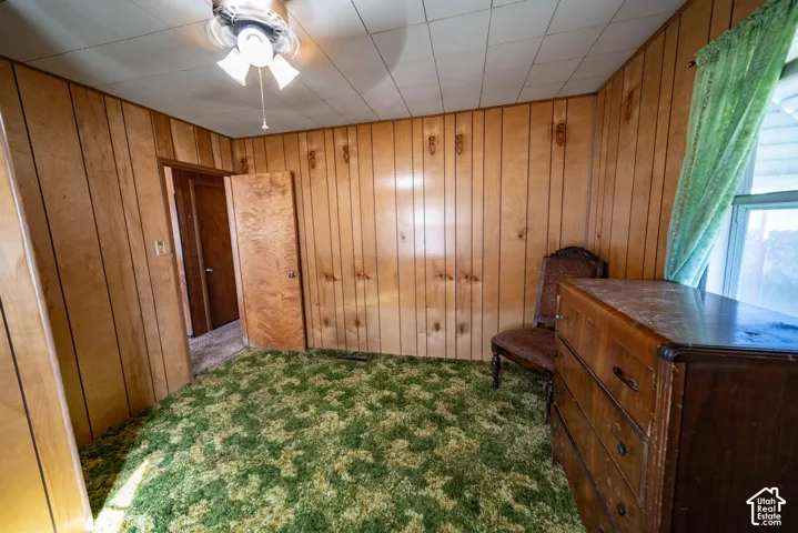 Wood-paneled walls with a textured ceiling and green patterned carpeting