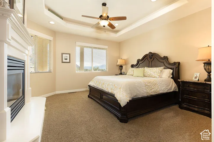 Recessed lighting, ceiling fan, tray ceiling, built-in fireplace, and carpeting