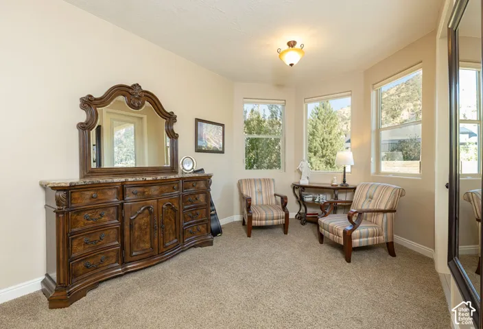 Recessed window area with three large windows, textured beige carpeting, and a ceiling-mounted light fixture