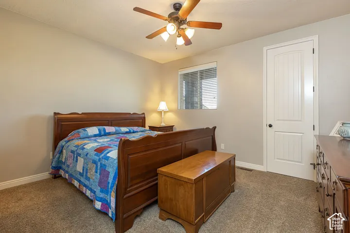 Neutral paint palette, textured carpeting, window with blinds, ceiling fan with light fixture, and a paneled interior door