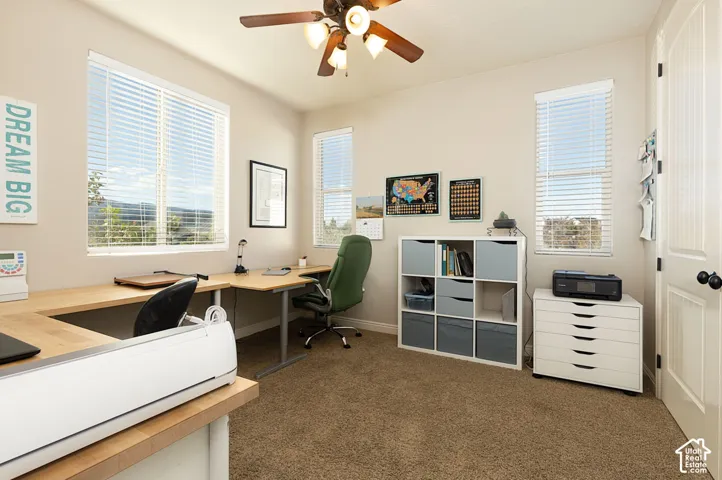 Recessed lighting, wood-finish ceiling fan, and carpeted flooring