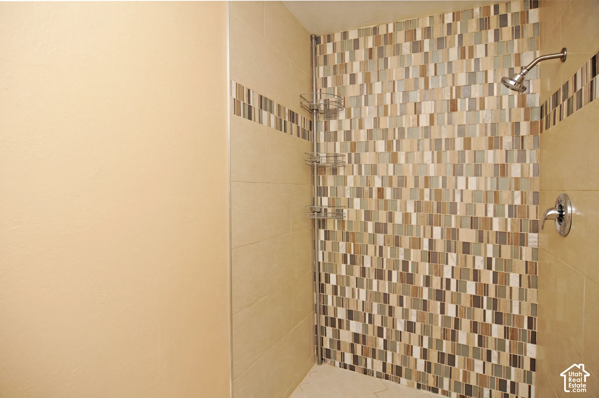 Tiled shower with mosaic accent wall and polished chrome fixtures