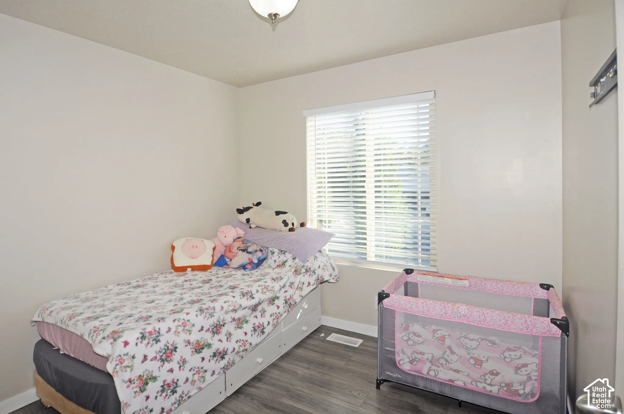 Recessed window with horizontal blinds, overhead ceiling light fixture, and wood-finish flooring